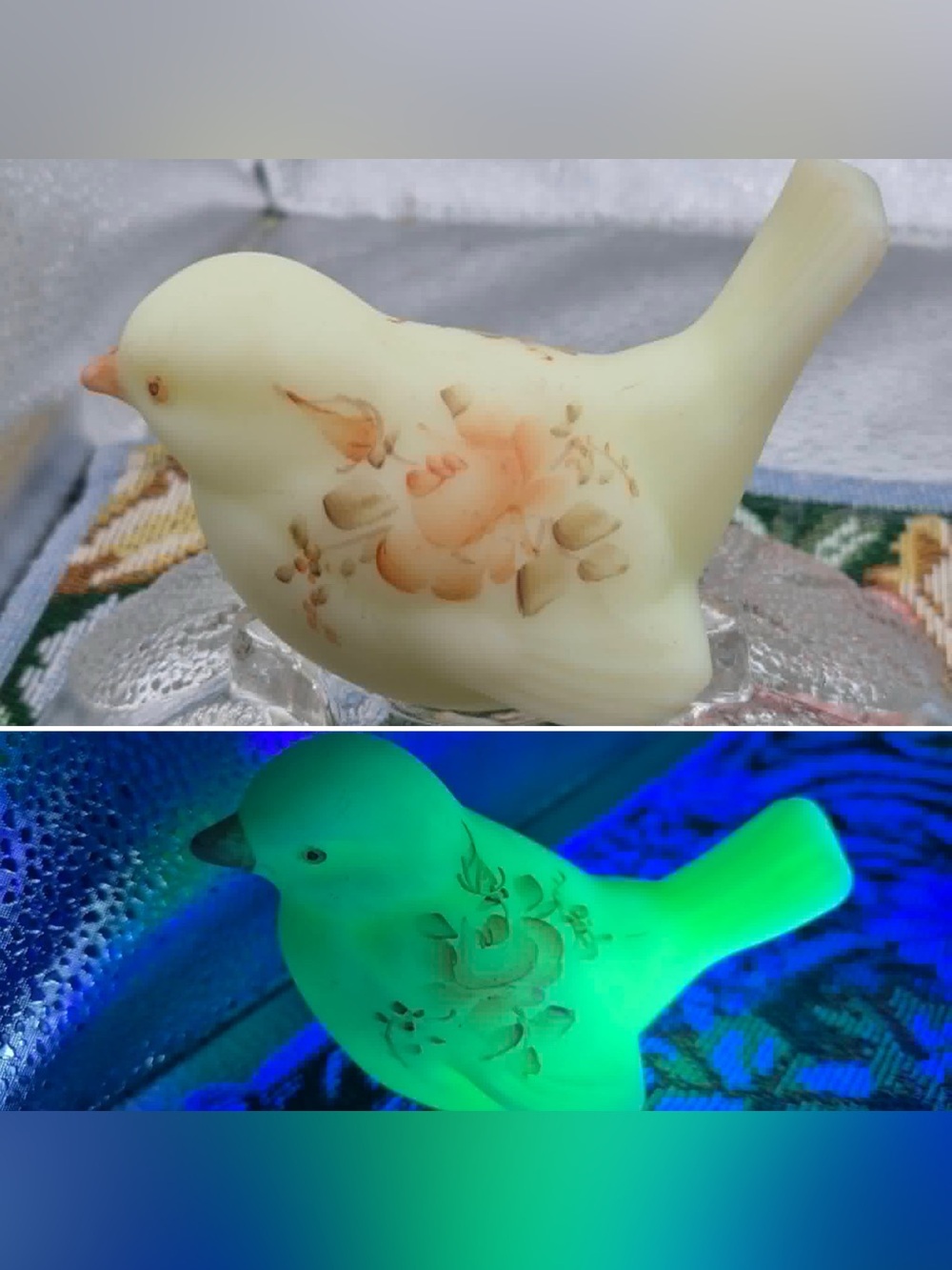 Vintage Fenton Songbird - Hand-painted Pink Rose on Uranium Custard Glass WATSON